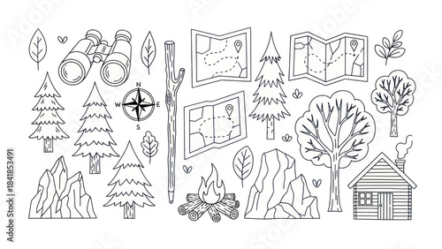 Camping and hiking themed vector illustration elements for design