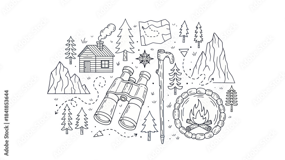 Obraz premium Camping and hiking icon set with mountain and forest elements vector