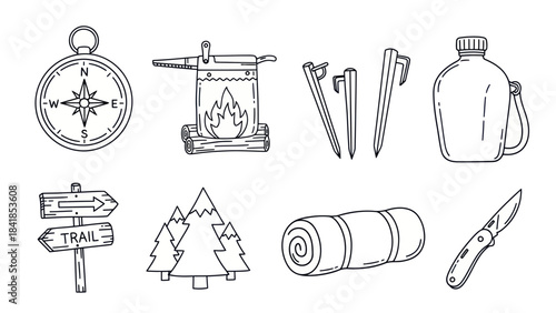 Camping and hiking gear illustration compass campfire and equipment