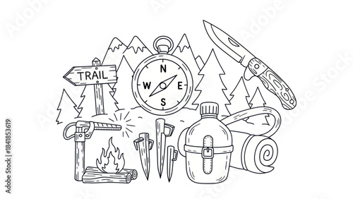 Camping and hiking gear illustration with compass knife and forest elements