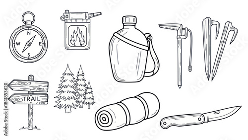 Camping and hiking gear in line art style for outdoor adventures