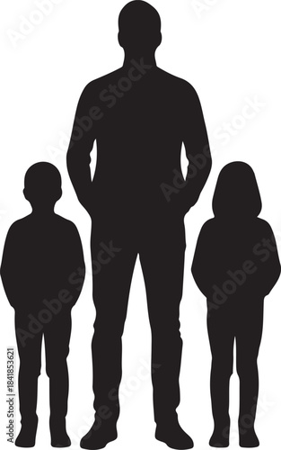 Silhouette illustration of a family unit featuring an adult man and two children, a boy and a girl, standing together on white.