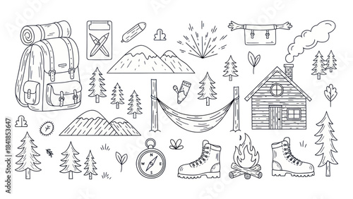 Camping and hiking themed vector illustration set for outdoor activities