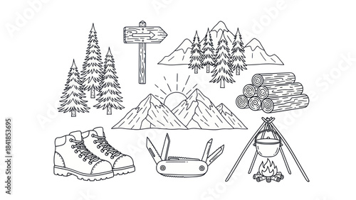 Camping and hiking themed vector illustration set on white background