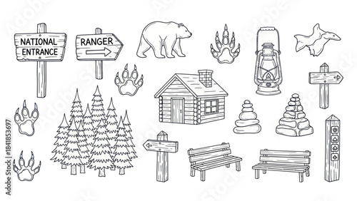 Camping and hiking themed illustrations vector elements collection