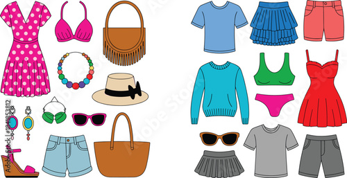 Brightly Colored Hand-Drawn Summer Wardrobe Elements Vector Collection Featuring Dresses, Tops, Skirts, Swimsuits, Hats, Jewelry, and Beach Accessories for Fashion.