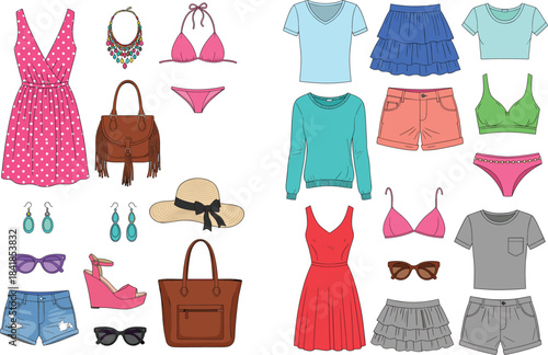 Stylish Women's Summer Fashion and Accessories Set Vector Illustration Featuring Dresses, Tops, Skirts, Swimwear, Bags, Jewelry, and Sunglasses for Seasonal Design.