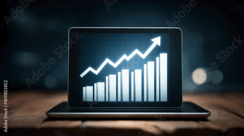 Profit growth graph. Business concept. Arrow showing gradual growth of income, return on investment. Stylized graph on tablet. Annual profit growth
