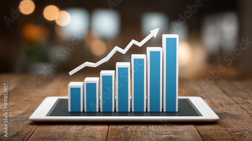 Profit growth graph. Business concept. Arrow showing gradual growth of income, return on investment. Stylized graph on tablet. Annual profit growth