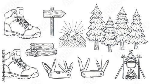 Camping and hiking themed vector illustrations outdoor adventure elements