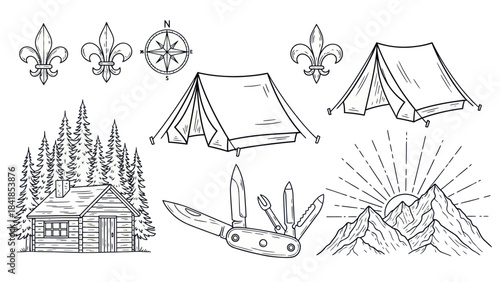 Camping and outdoor adventure elements illustrated in black and white