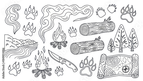 Camping and outdoor adventure elements in a black and white vector design