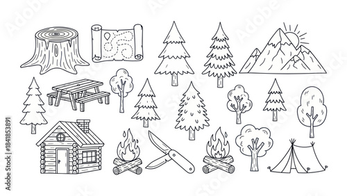 Camping and outdoor adventure elements in black and white line art