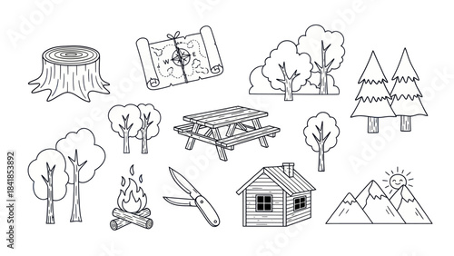 Camping and hiking themed vector illustrations set in black and white