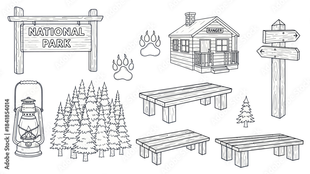 Naklejka premium Camping and national park elements hand drawn vector illustration set