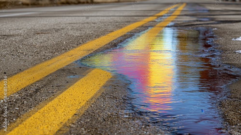Fototapeta premium Puddle on asphalt road with iridescent oil slick reflecting double yellow traffic lines
