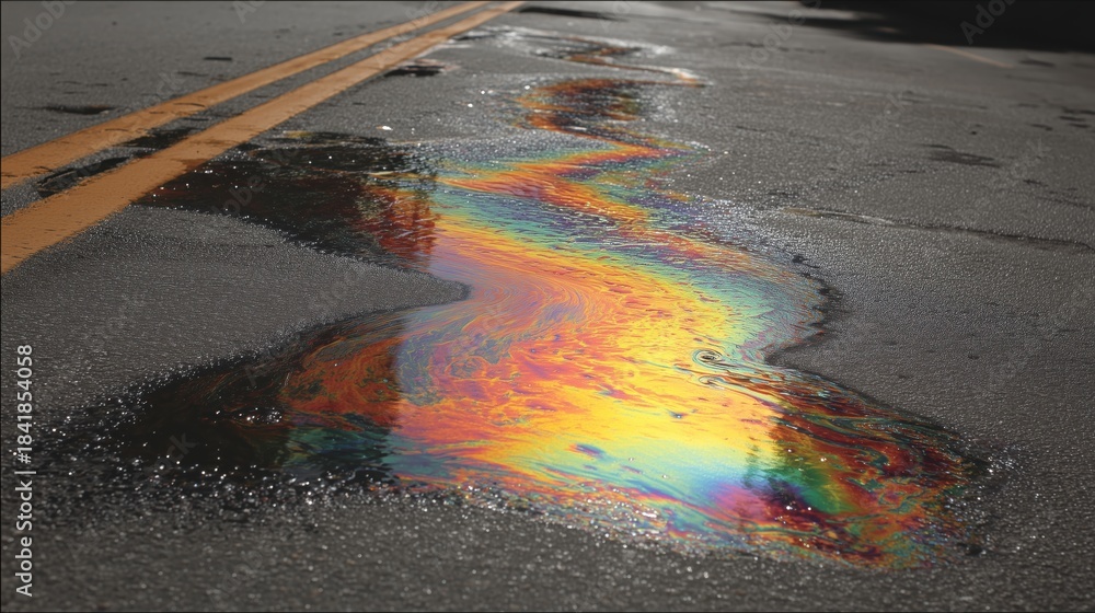 Naklejka premium Iridescent oil spill in a puddle on dark asphalt road with subtle reflection of yellow lines