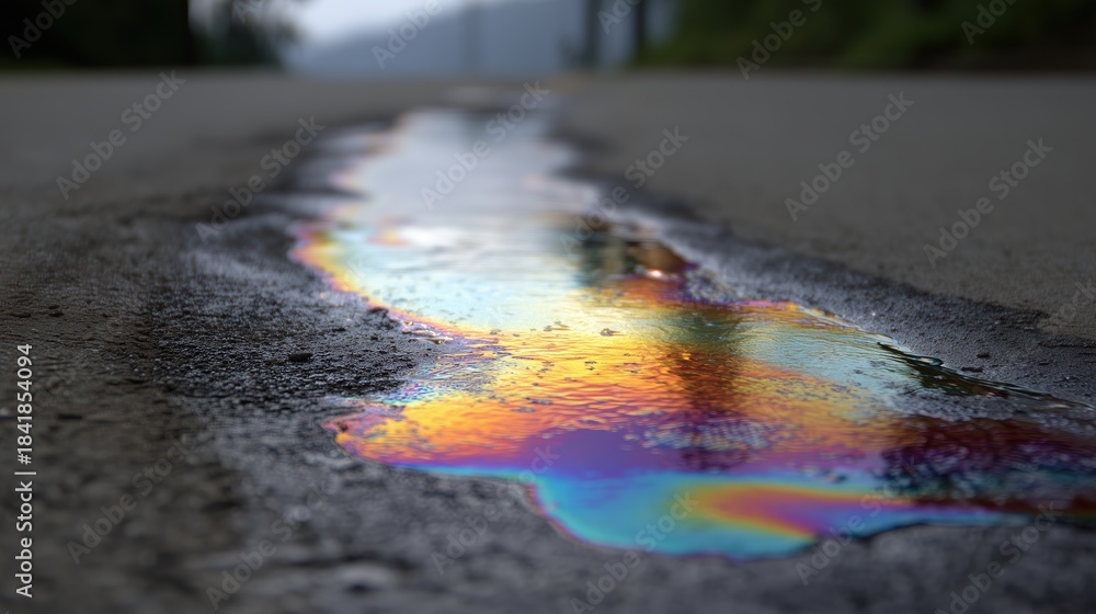 Fototapeta premium The vibrant rainbow colors of a fuel spill on black asphalt