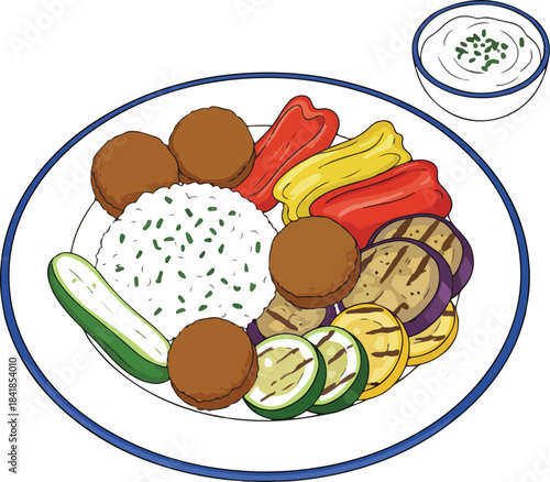 Vibrant illustration of a wholesome mediterranean plate featuring falafel, fluffy rice, colorful grilled vegetables, and creamy dip.