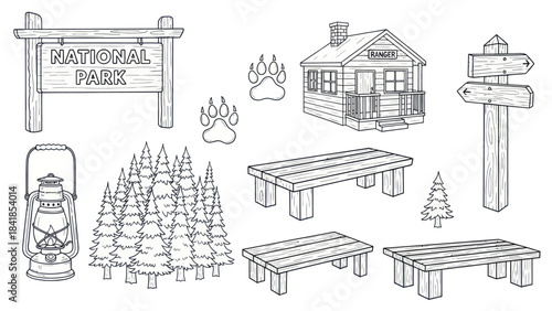 Camping and national park elements hand drawn vector illustration set