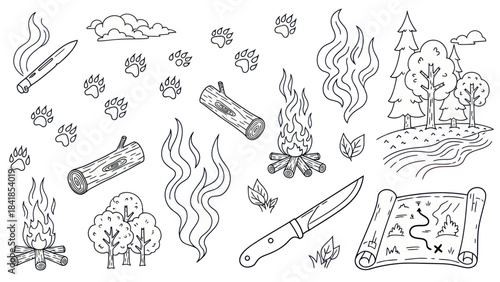 Camping and outdoor adventure elements in simple monochrome illustrations