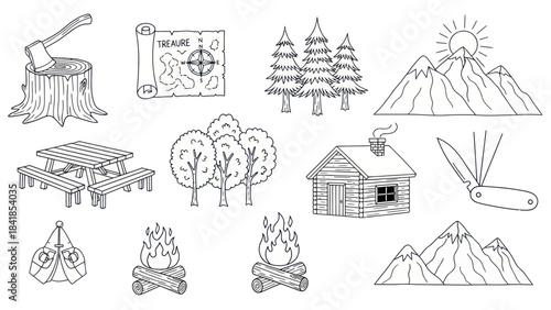 Camping and outdoor adventure elements in simple monochrome illustrations