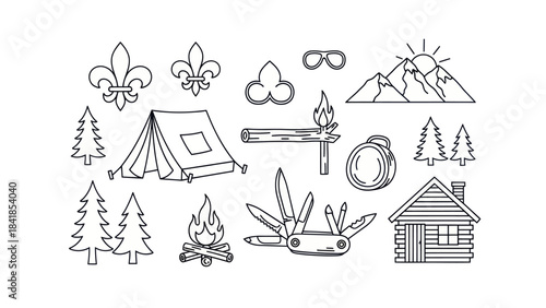 Camping and outdoor adventure elements outline illustration in white