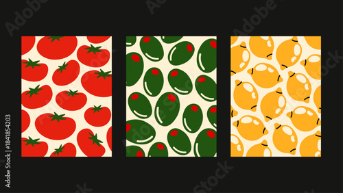 Italian kitchen posters set with tomatoes, olives and pasta illustrations perfect for café décor, dining walls and Mediterranean cooking vibes.