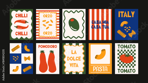 Italian food art collection with spaghetti swirls, chili peppers, herbs and watercolor vegetables for kitchen gallery walls.