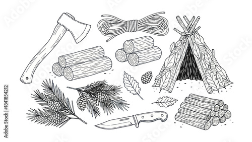Camping and outdoor adventure equipment illustration in black and white