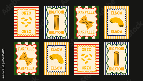 Retro Italian food print collection featuring pasta shapes, spagetti branches and handwritten trattoria phrases for cozy home decor.