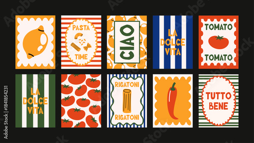 Cozy trattoria poster set with pasta bowls, tomatoes, olives and rustic textures ideal for warm dining room decor.