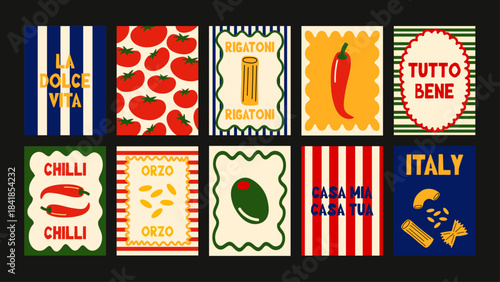 Poster bundle with Italian produce- ripe tomatoes, green olives, fresh herbs and pasta sketches for kitchen and café decoration.