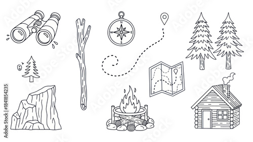 Camping and outdoor adventure equipment illustrations isolated on white