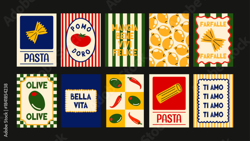 Mediterranean food illustration posters with pasta shapes, olive branches and bold tomato prints for modern kitchen styling.