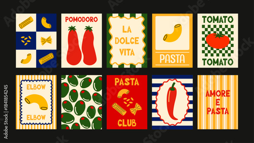 Colorful Italian market wall art set with chili peppers, lemons, olives and handwritten accents for cheerful culinary spaces.