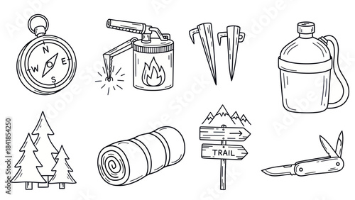 Camping and outdoor adventure equipment illustrations isolated on white