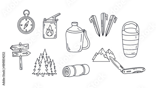 Camping and outdoor adventure equipment illustrations isolated on white