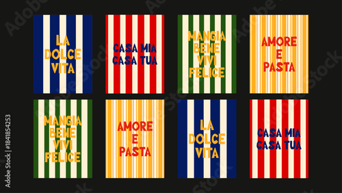 Set of Italian quote posters with beloved phrases, café slogans and handwritten lettering, perfect for kitchen décor and cozy wall accents.