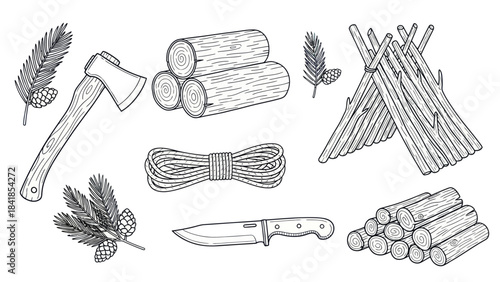 Camping and outdoor adventure equipment illustrations isolated on white