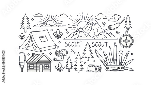 Camping and outdoor adventure themed monochrome illustration elements