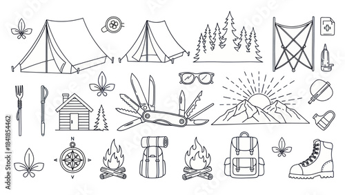 Camping and outdoor adventure equipment vector illustration set