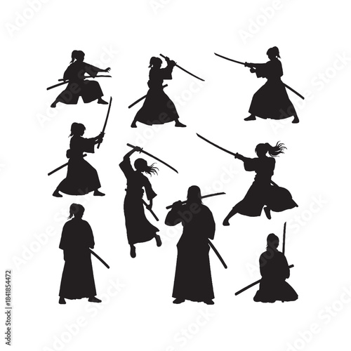 Female Samurai Silhouettes Collection,Female Samurai Silhouettes,Vector Samurai Silhouettes,Warrior Woman Silhouettes,female samurai vector