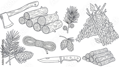 Camping and outdoor gear illustration with axe wood pine shelter and rope
