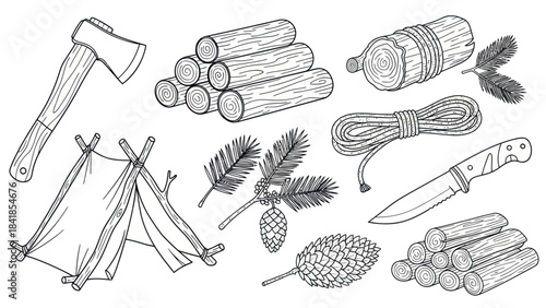 Camping and outdoor gear illustration with axe wood tent and knife