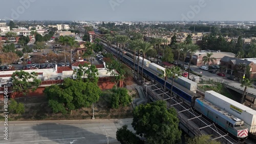 Fullerton, California, USA - Aerial View of Downtown Train Station Showing Commercial Passenger Railroad on a Sunny Day