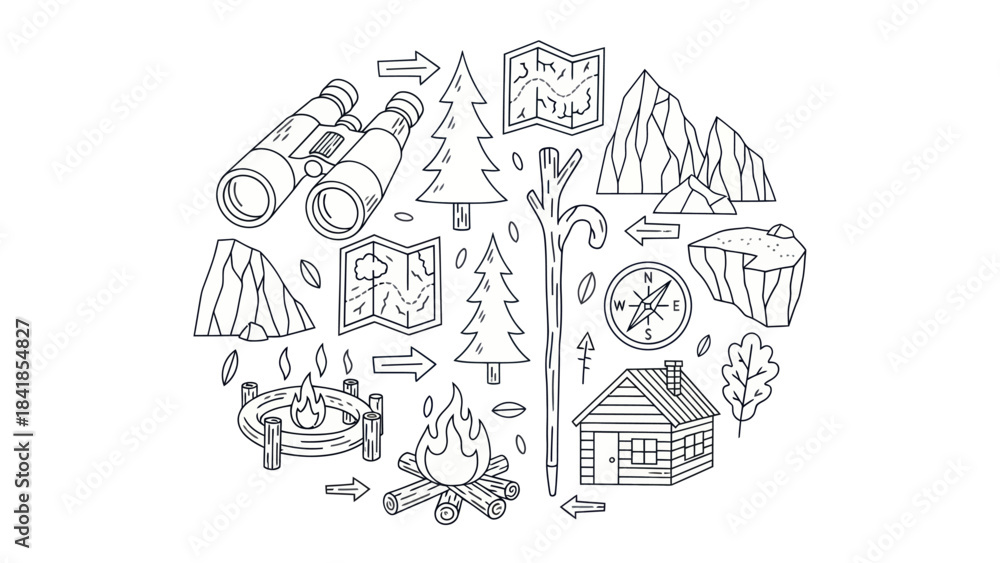 Naklejka premium Camping and outdoor recreation themed black and white illustrations