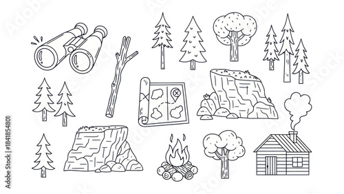 Camping and outdoor recreation theme elements in line art style