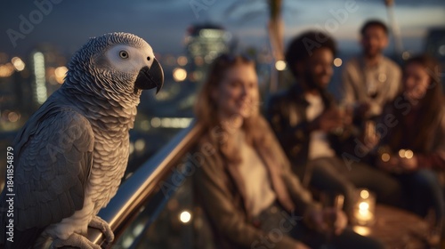 African Grey parrot on a railing at a twilight rooftop gathering with blurred city lights and people enjoying cocktails