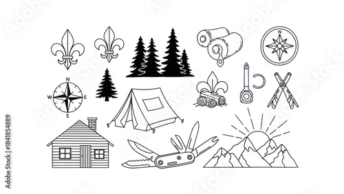 Camping and outdoor recreation themed vector illustrations on white background